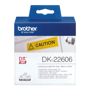 Rolo de Etiquetas Brother DK-22606 62mm x 15.24m – Vinyl e Contínuo (Preto/Amarelo)